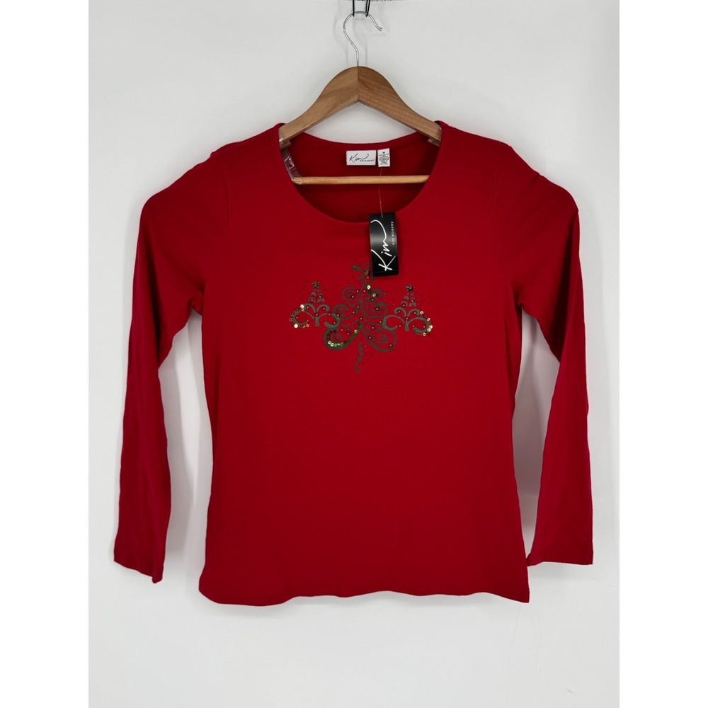 NWT Kim Rogers Women's Red Christmas T-Shirt Size Med Christmas Tree Beaded A5